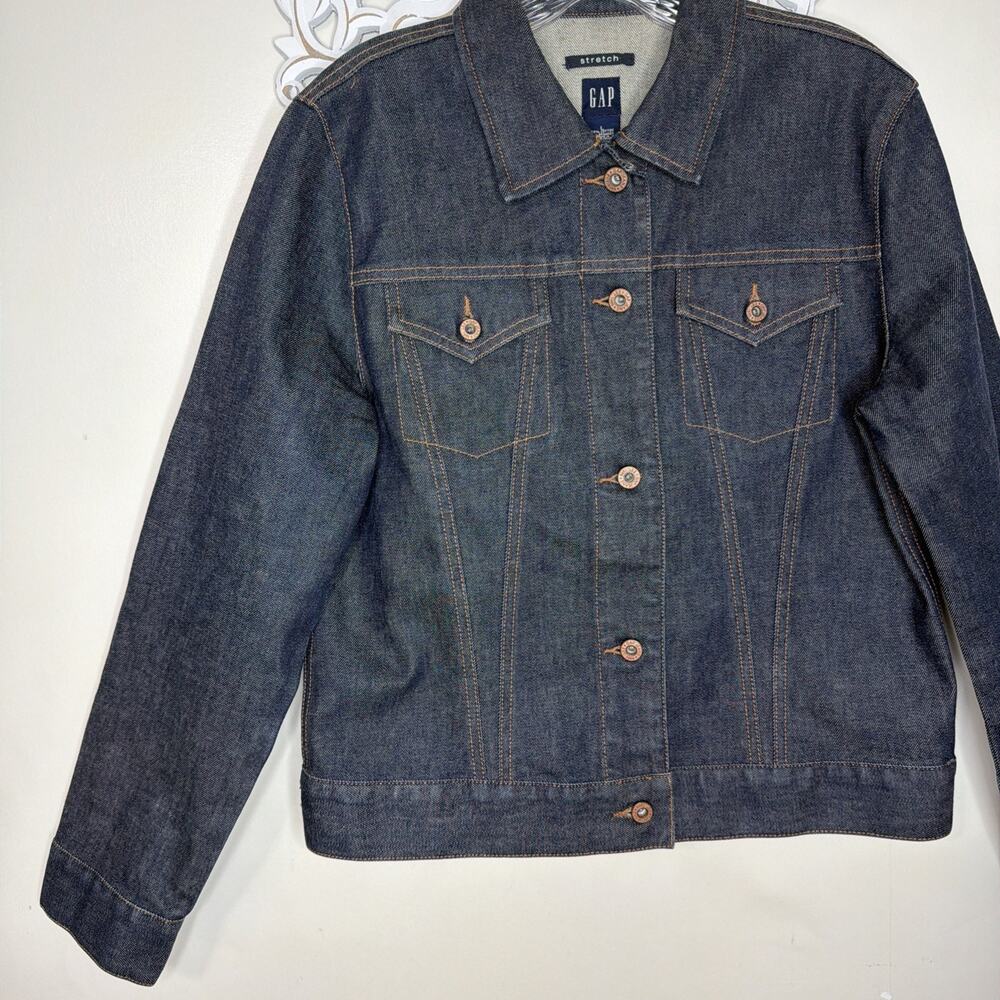 GAP Denim Stretch Jacket Women's size LARGE Made in Hong Kong Dark Wash Blue - Picture 4 of 12